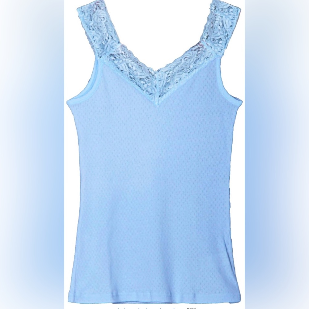 Sky blue tank top with lace v neck undershirt layering